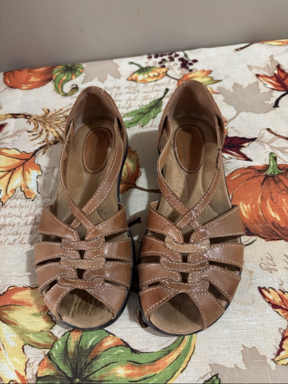 Earth Origins Tan Leather Crisscross Peep-Toe Sandals
